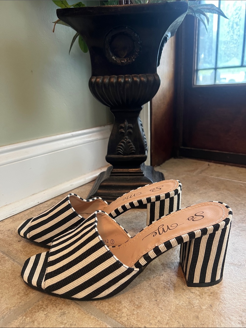 So Me Black and White Striped Block Heel Mules